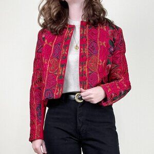 Vintage Embroidered Floral Blazer Jacket Coat Cropped Boho Chic Hippie Bohemian